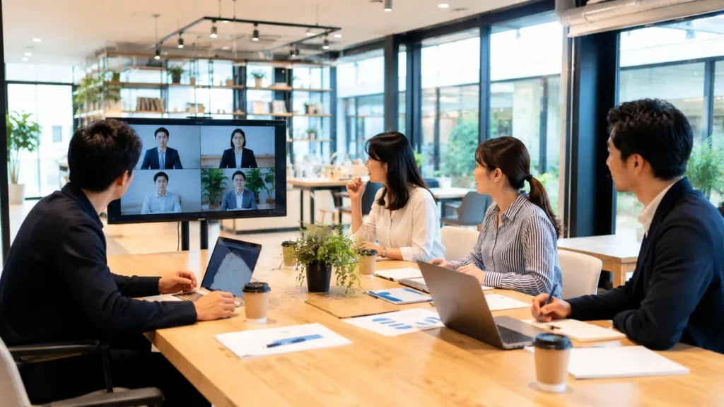 大企業社員によるサテライトオフィス利用
「コワーキング＝フリーランス向け」ではなくなった
4人のビジネスパーソンが一緒にWebミーティングをしている様子。