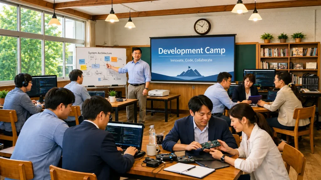 コワーキングスペースにリノベーションした廃校で、企業が開発会議合宿を行っている様子