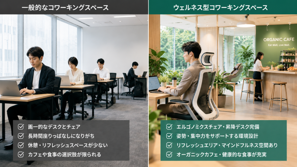 一般的なコワーキング施設とウェルネス型コワーキング施設の特徴の対比