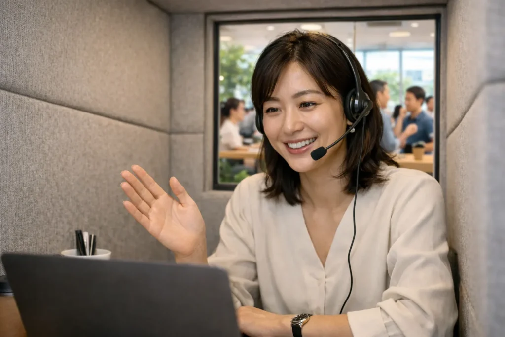 吸音材に囲まれた防音ブースの中で、周りを気にせずクリアな音声で楽しそうにオンライン商談・会議をする様子。