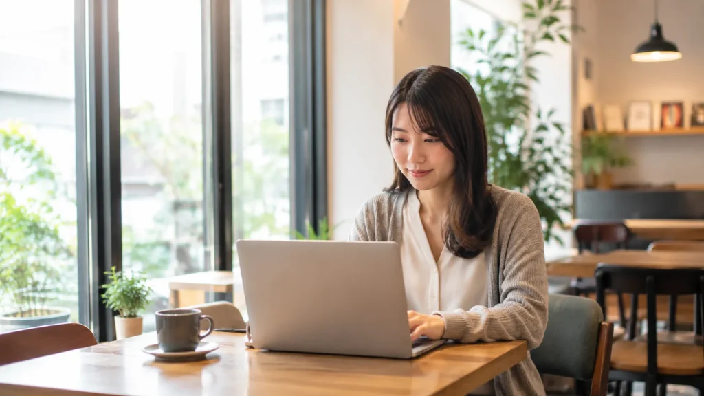 駅ナカや郊外の身近なドロップインスペースでノートPCを開いて作業する日本人女性