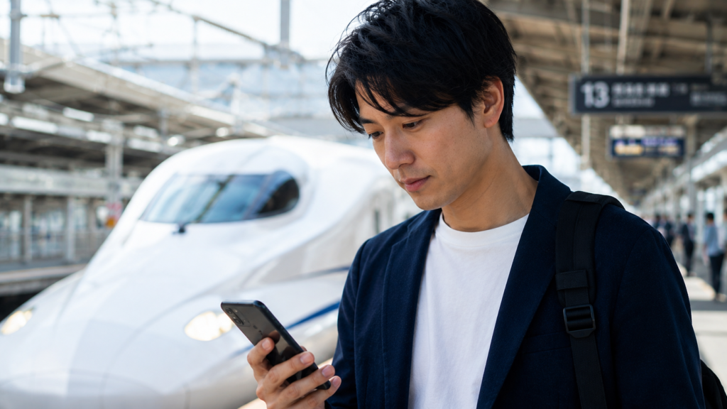 移動中の駅のホームでスマートフォンを使い、近くのコワーキングスペースをサクッと予約する日本人会社員