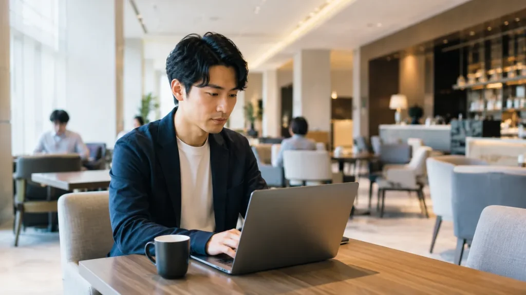 午前中の静かなホテルのラウンジで、集中してPCに向かう日本人男性と、離れた席で働く人々。