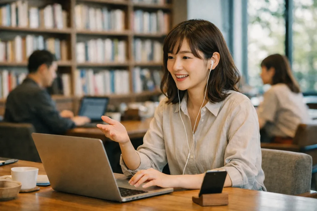 書籍に囲まれた明るいコワーキングスペース（SHARE LOUNGEイメージ）で、PCでWeb会議をする日本人女性。
