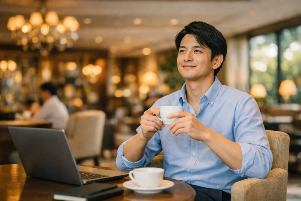 高級なホテルのラウンジで、美味しいコーヒーを楽しみながら、ふっとリラックスした表情でPC作業を止める日本人男性。