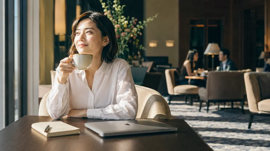 明るいホテルのラウンジで、窓の外を眺めながらコーヒーカップを片手に持つ日本人女性。