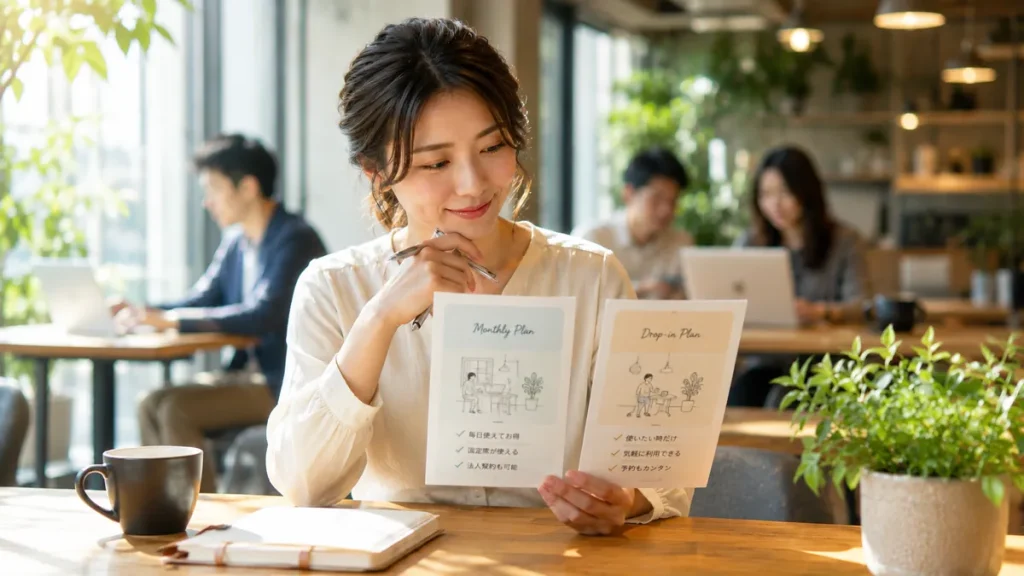 明るいカフェのようなコワーキングスペースで、どちらのプランにするか笑顔で悩む日本人女性リモートワーカー