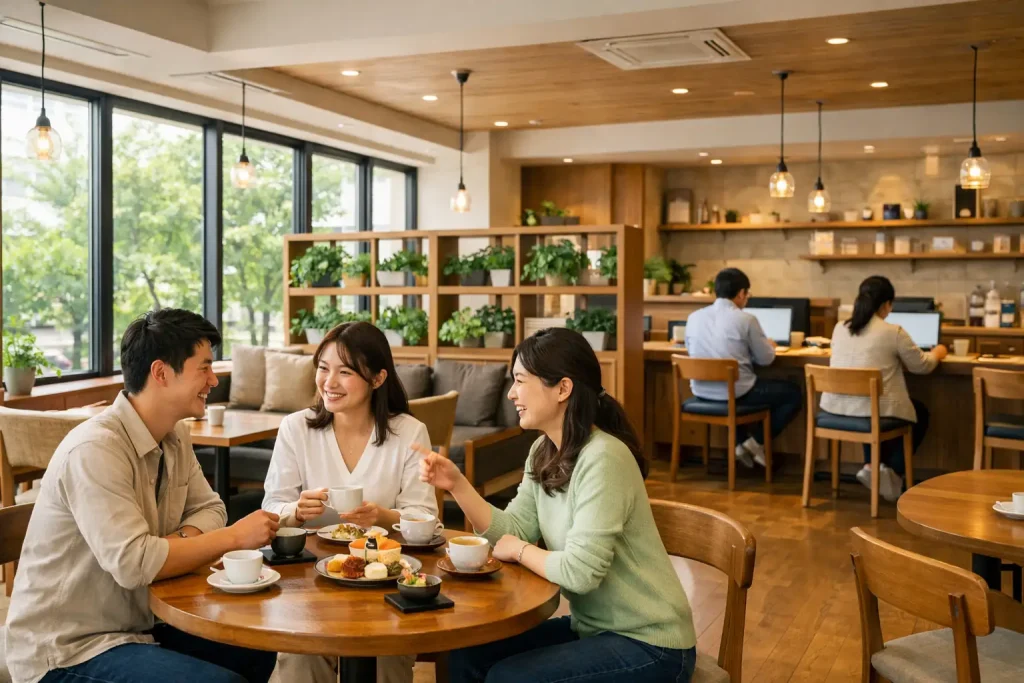 「おしゃべり客」と「集中したい作業客」がどちらも快適に過ごせる「ゾーン分け(エリア分割)」を視覚的に表現した画像です。談笑を楽しむカフェエリアと、奥の静かなカウンターで作業に集中する作業エリアが心地よく分かれたカフェ店内