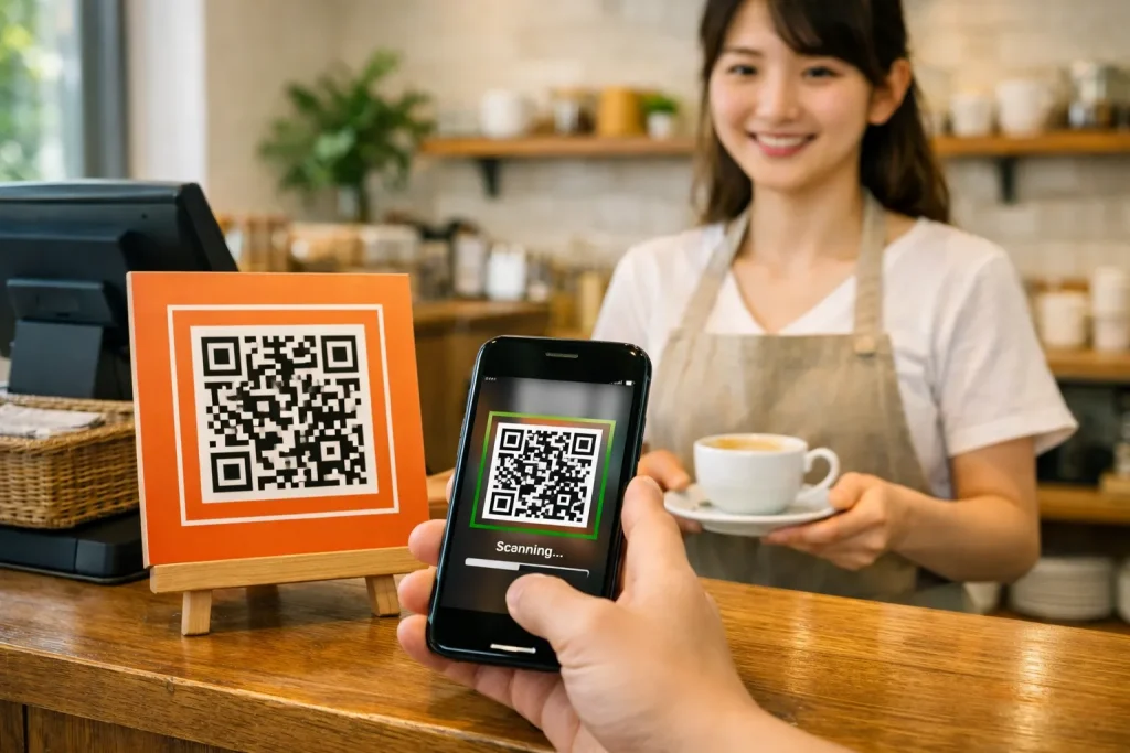 スマートフォンでのQRコード照会など、セルフチェックインでスタッフの負担を減らしスムーズに入退室する現代的なスマート運用を伝える画像です。スマホ画面のQRコードを提示して、カフェのドロップイン受付をセルフでスムーズに済ませる日本人利用者