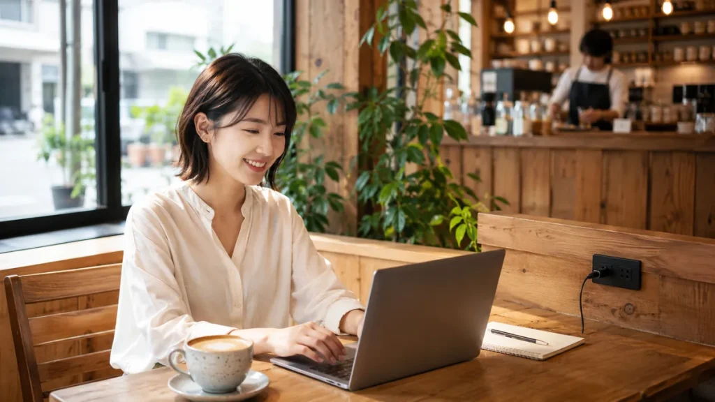 日差しが差し込む温かみのあるカフェで、PCに向かって笑顔で作業する日本人女性フリーランスとコーヒー
