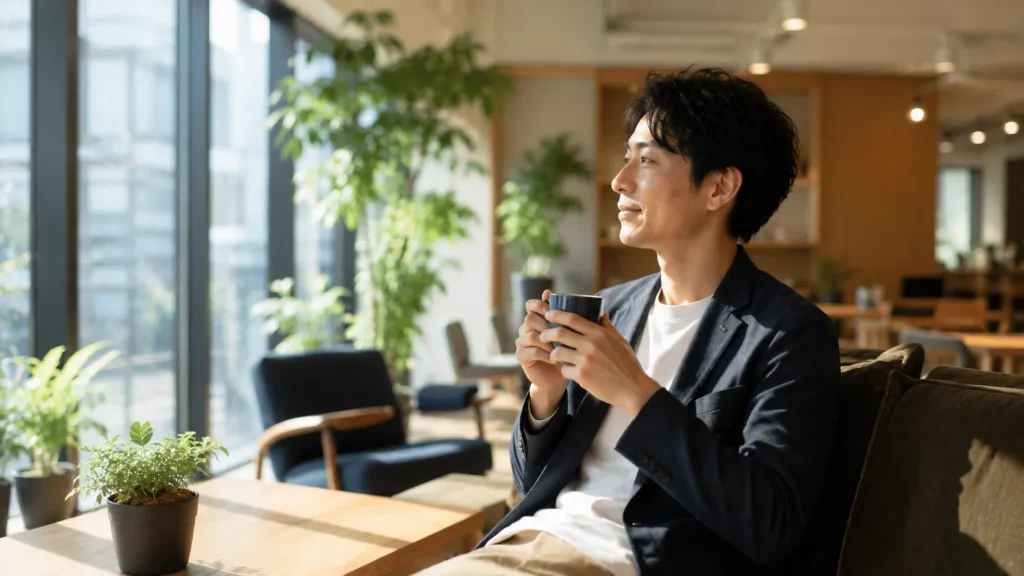 自然光が差し込むカフェ風のコワーキングスペースで、リラックスしながら快適に仕事をする日本人会社員