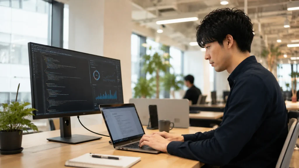 デスクいっぱいに広がる大型モニターとノートPCを繋ぎ、集中して作業する日本人のITエンジニア
