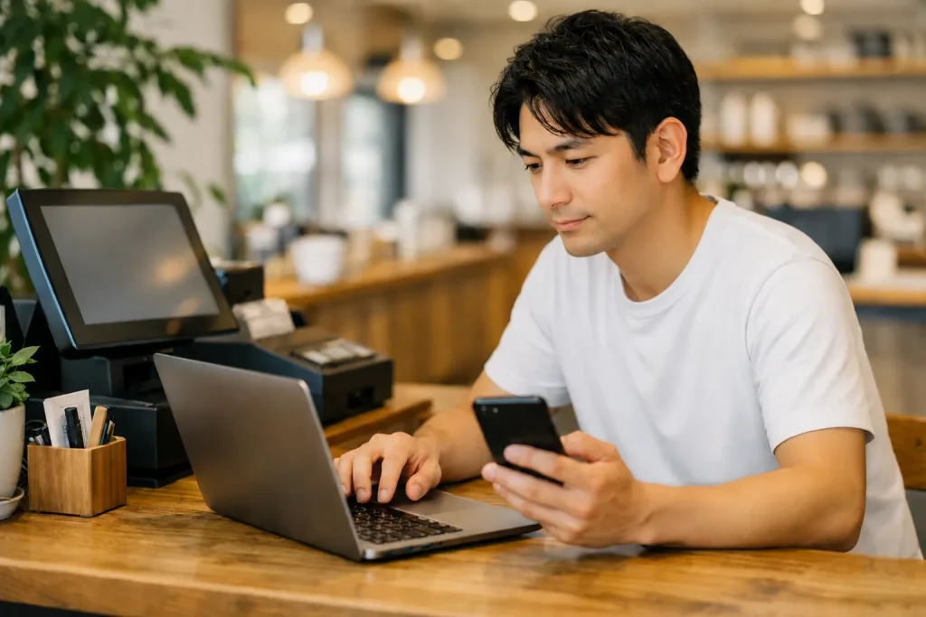 明るいカフェスペースのテーブルで、ノートPCとスマートフォンを開き、集客やデータ画面を見ながら思案する日本人の店舗オーナー
