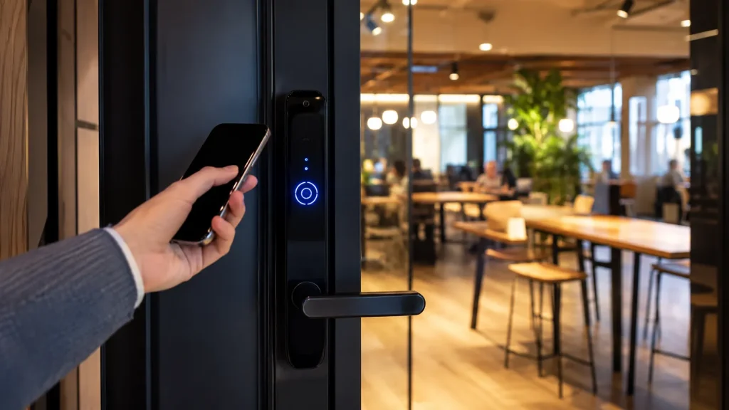 スマートフォンをスマートロックにかざしてスマートに入退室するコワーキングスペースのドア口