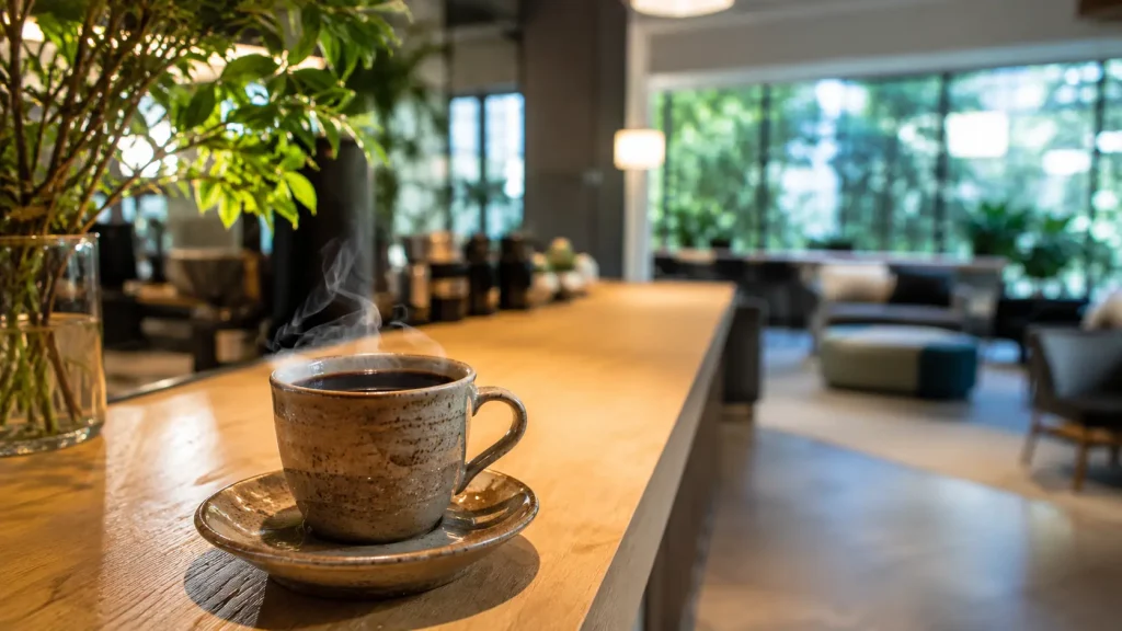 日差しが届く明るいフリーカフェコーナーで丁寧に淹れられたコーヒーとリフレッシュできるコワーキング空間