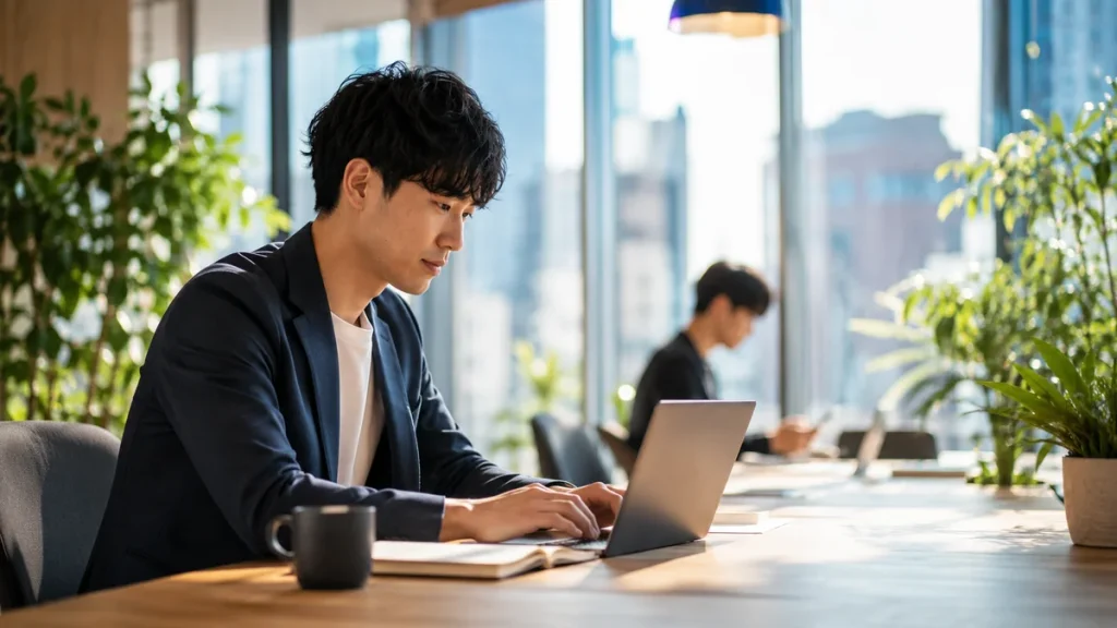 自然光が差し込む明るいコワーキングスペースでノートPCを開き作業に集中する日本人のビジネスパーソン