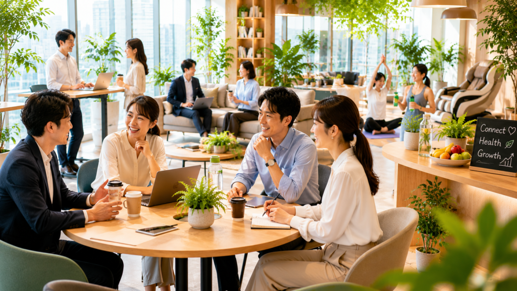 人とのつながりを心の栄養にし、集まって仕事をする男女や、その奥でヨガをしたり昇降デスクをしようしたと多様化されコミュニティの場で楽しそうに仕事をする人々