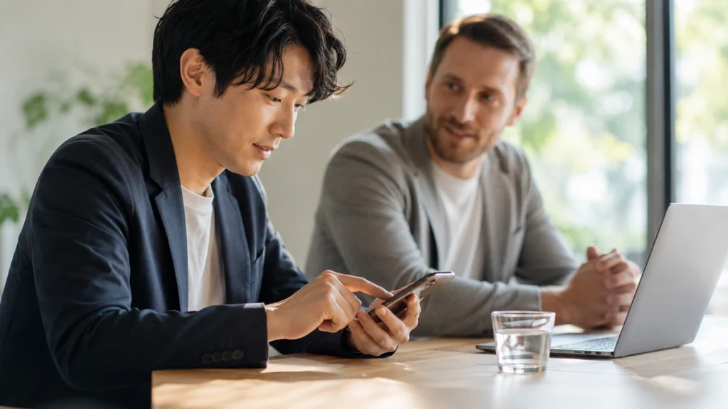 明るい会議室のテーブルでスマートフォンを操作し事前オンライン決済を行う利用者と自然な打ち合わせ風景