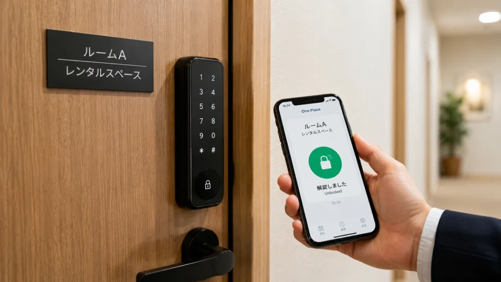 会議室のドアに設置されたスマートロックをスマートフォンで解錠する様子