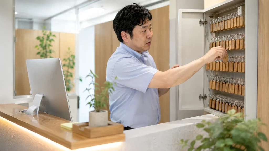 スタイリッシュな受付の壁掛けキーボックスから、利用者のために鍵を探して選ぶ男性スタッフ