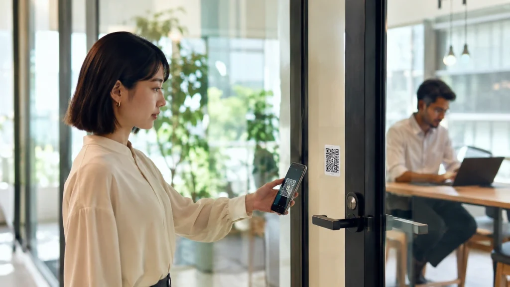 明るい光が差し込むコワーキングスペースでスマートフォンのアプリを使いスマートロックの鍵を開ける日本人女性