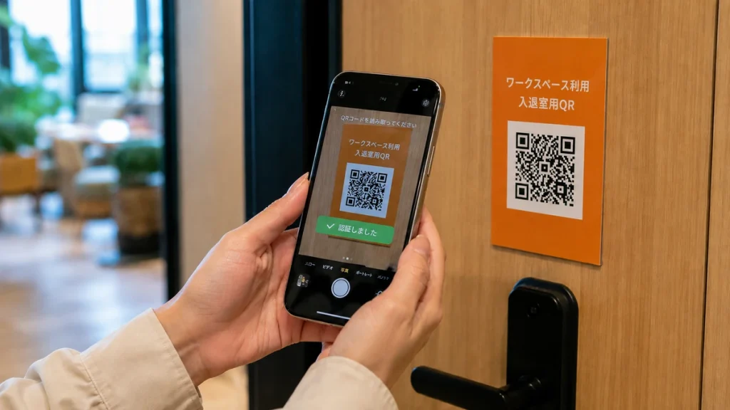 スマートフォンでQRコードを読み取りスマートロックを解錠してコワーキングスペースに入る様子