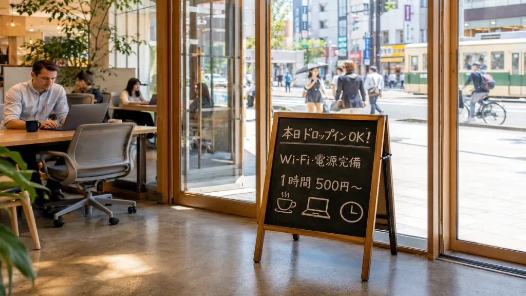都市部のコワーキングスペースの入口。ガラス扉越しに明るい店内と、ドロップイン客を歓迎する「本日OK」の看板が見える。街の活気と、外部から自動で人が呼び込まれる様子を表現。