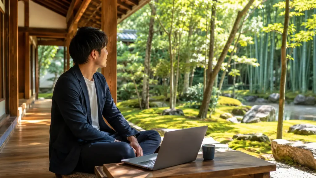 伝統的な和室の縁側で庭園を眺めながらノートパソコンを開く日本人男性