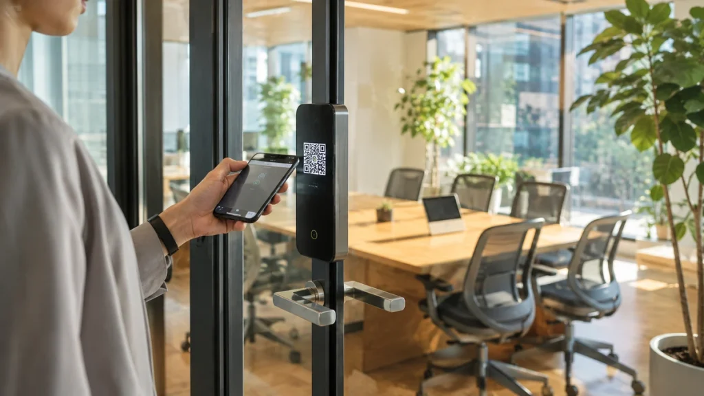 スマートフォンをスマートロックにかざしてシームレスに貸し会議室のドアを解錠する瞬間