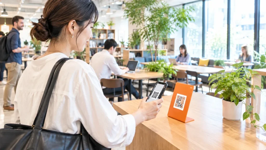 明るいコワーキングスペースで、利用者がスマートフォンをかざしてQRコードチェックインしている様子