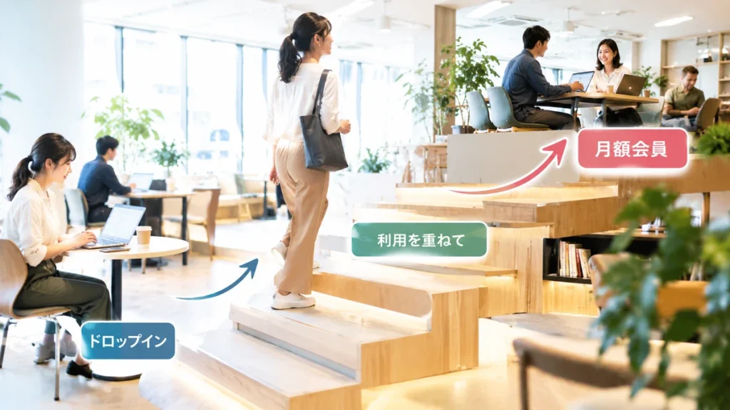 「ドロップイン」から「月額会員」へ、階段を上っていく流れを示すやさしい イメージ画像