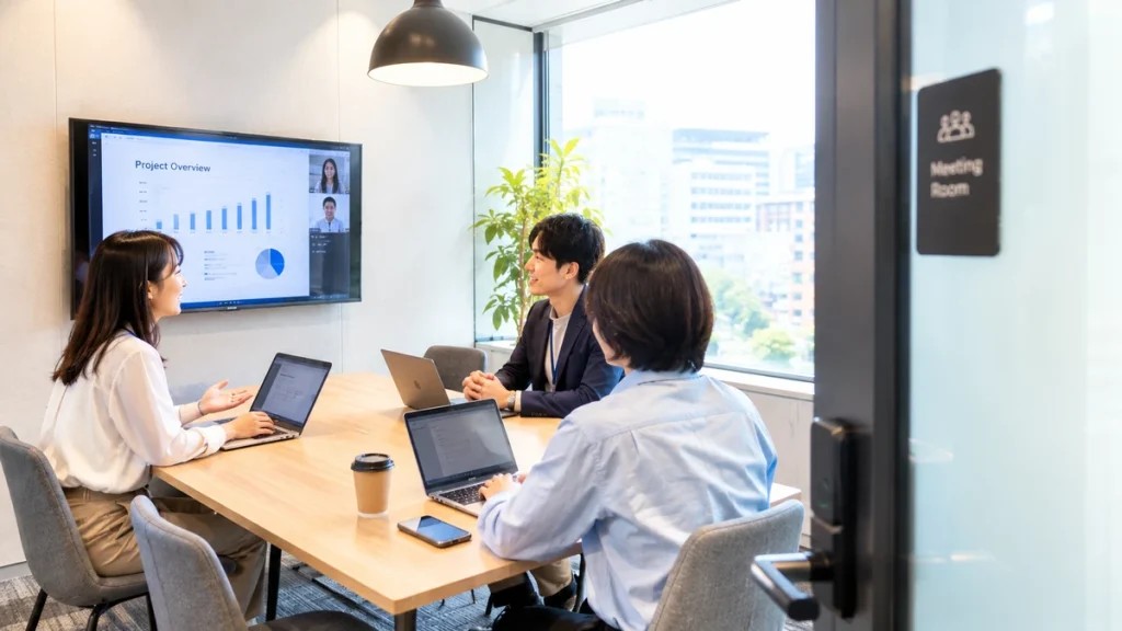 打ち合わせ用の会議室を、スポットコワーキングとして使う人のイメージ
