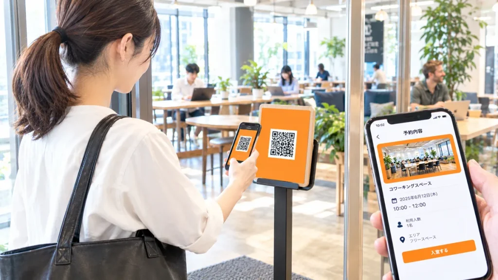 明るいコワーキングスペースで、スマートフォンをかざして入室する人のイメージ。QRコードと予約画面が一緒に写っているもの