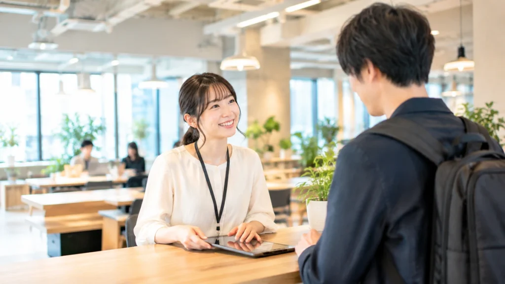 自然光が差し込む明るいコワーキングスペースの受付カウンターで、笑顔で案内する日本人女性スタッフと利用者
