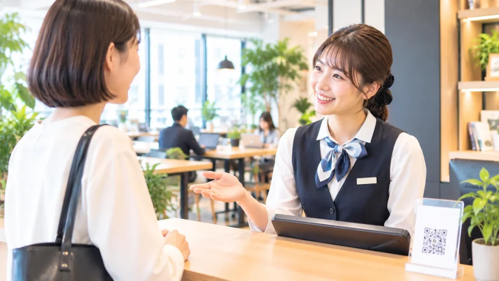 スタッフが利用者さまと笑顔で会話している、コワーキングスペースの受付付近の写真