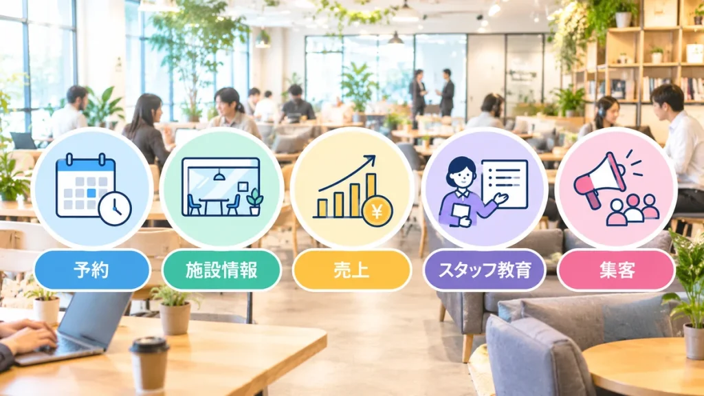 おしゃれで賑わっているコワーキングを背景に5つの課題をまとめた図解/予約・施設情報・売上・スタッフ教育・集客のアイコンを横に並べたもの