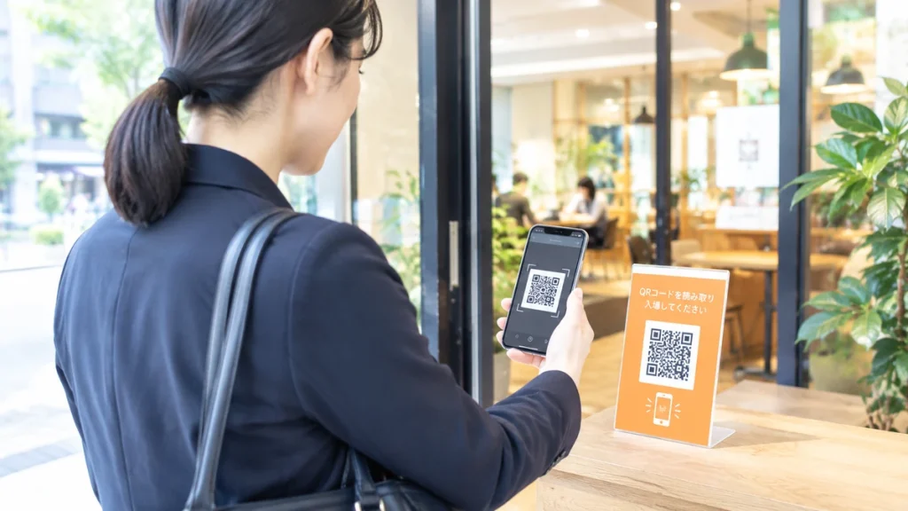 スマートフォンで入口に設置されたQRコード(オレンジの台紙にQRコードが記載されているPOP)を読み取り、店舗に入ろうとしているビジネスパーソンの画像
