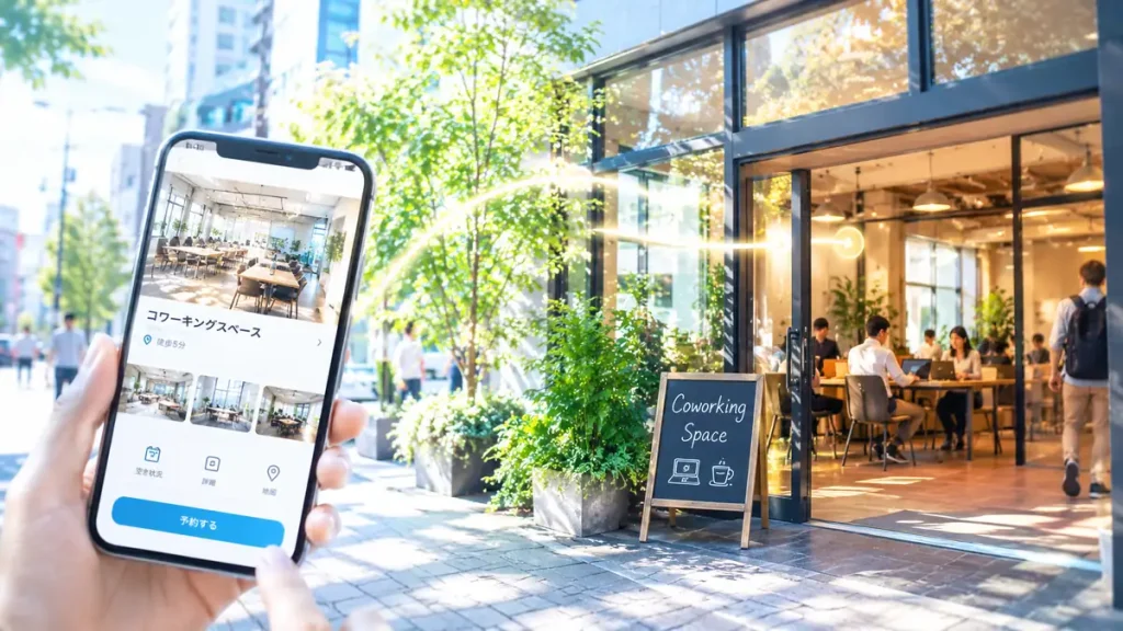 スマートフォンの画面から、街のコワーキングスペースへやさしい光の線がのびているイメージ。明るく親しみやすい配色